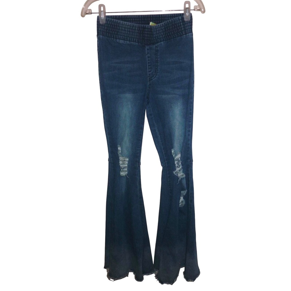Turquoise Haven Distressed Bell Bottom Flare Jeans Small Blue Smocked Waist Boho